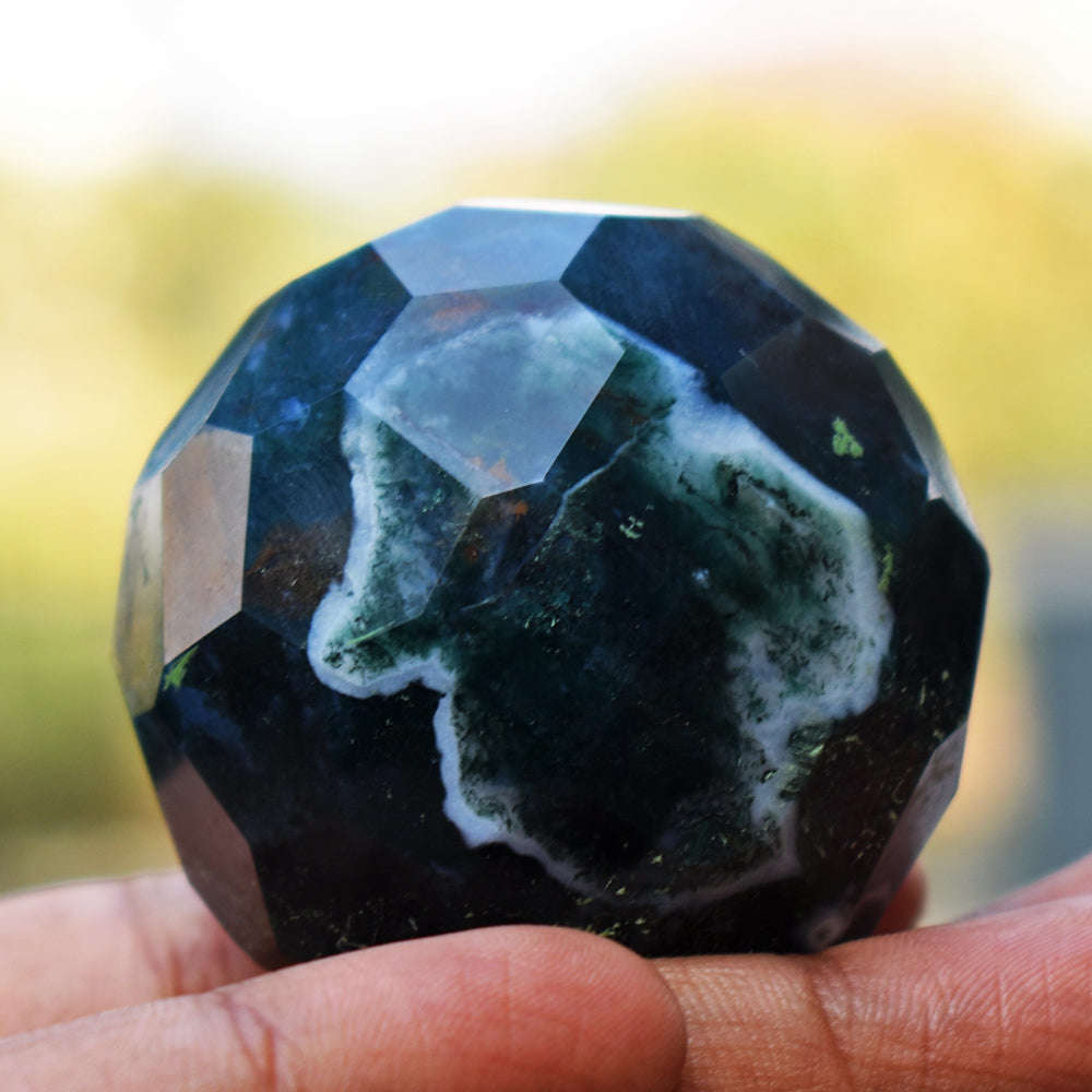 gemsmore:Artisian Green Moss Agate Hand Carved Faceted Healing Sphere