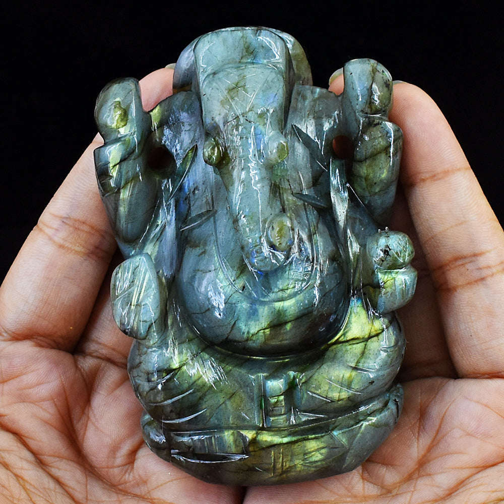 gemsmore:Artisian Hand Carved Amazing Flash Labradorite Ganesha