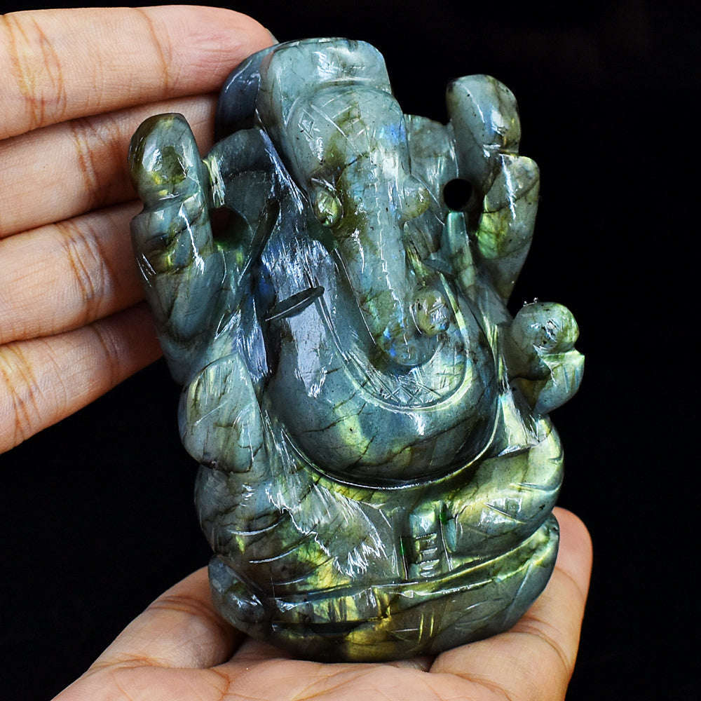 gemsmore:Artisian Hand Carved Amazing Flash Labradorite Ganesha