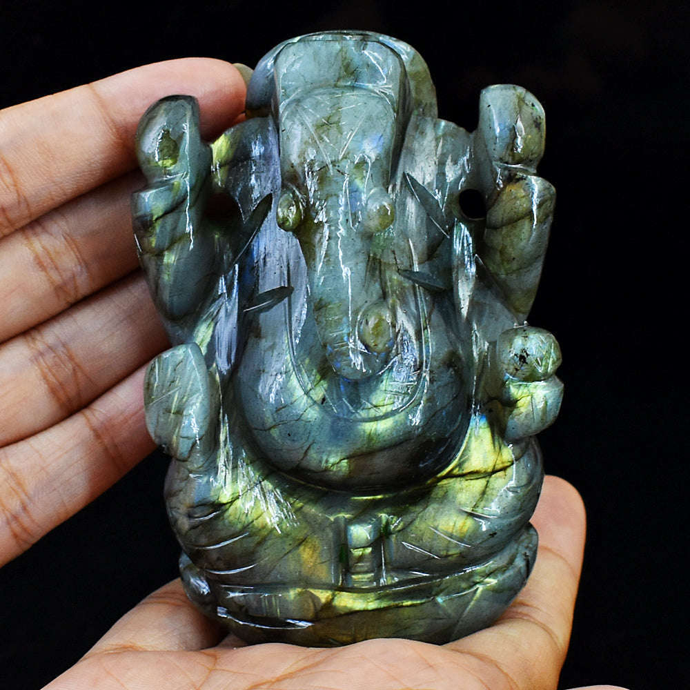 gemsmore:Artisian Hand Carved Amazing Flash Labradorite Ganesha