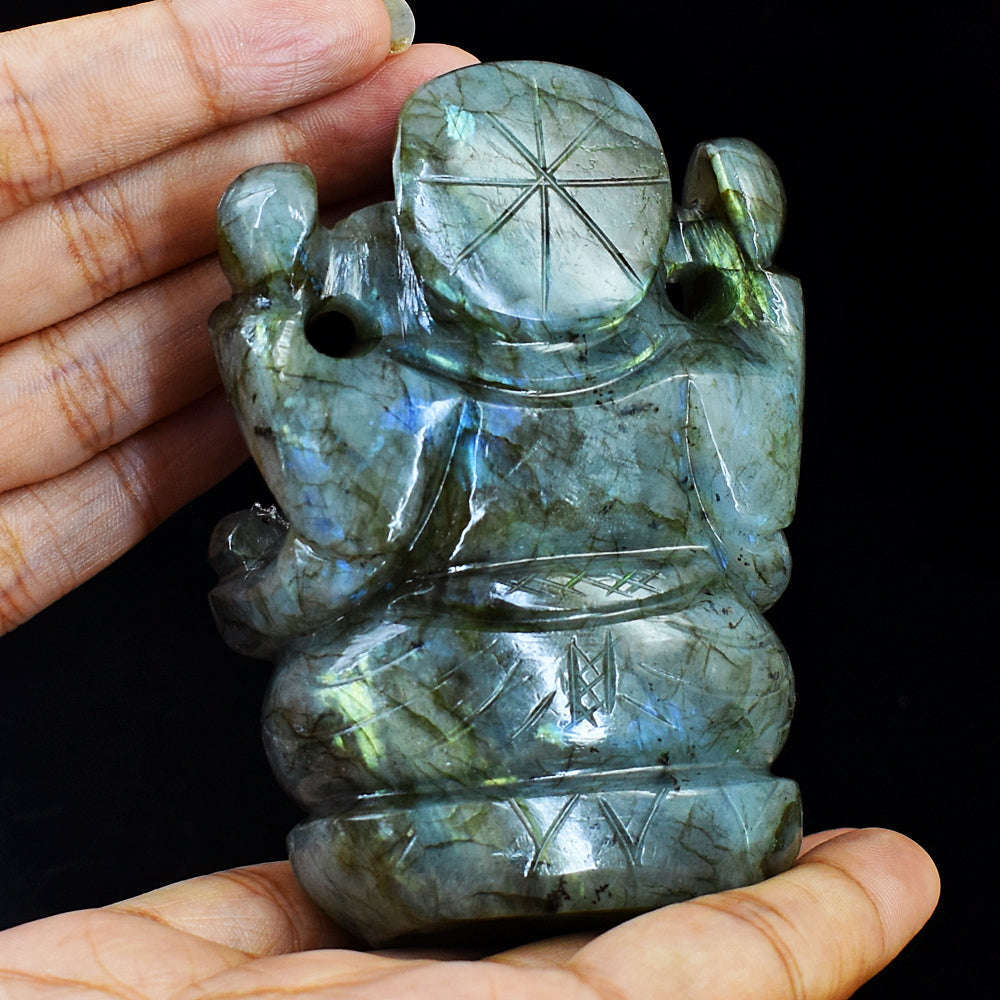 gemsmore:Artisian Hand Carved Amazing Flash Labradorite Ganesha