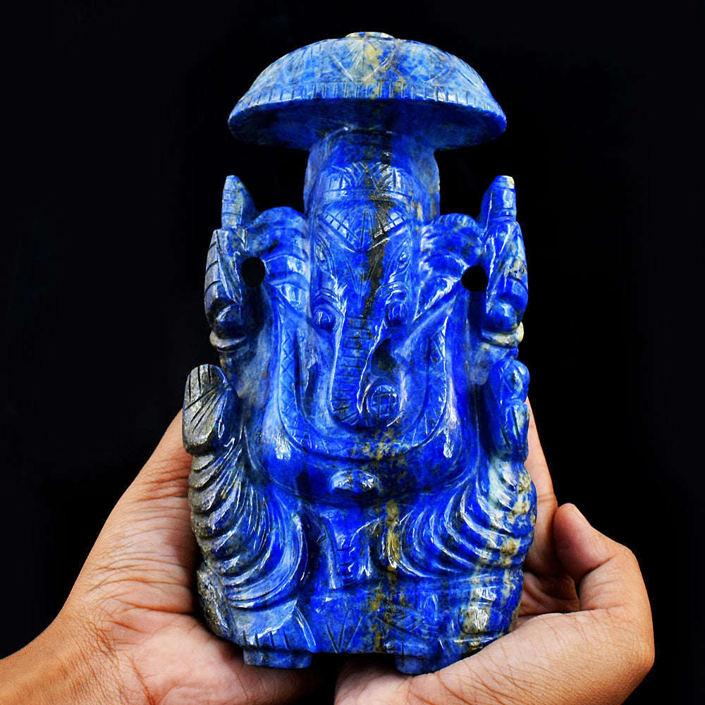 gemsmore:Artisian Hand Carved Blue Lapis Lazuli Ganesha With Throne