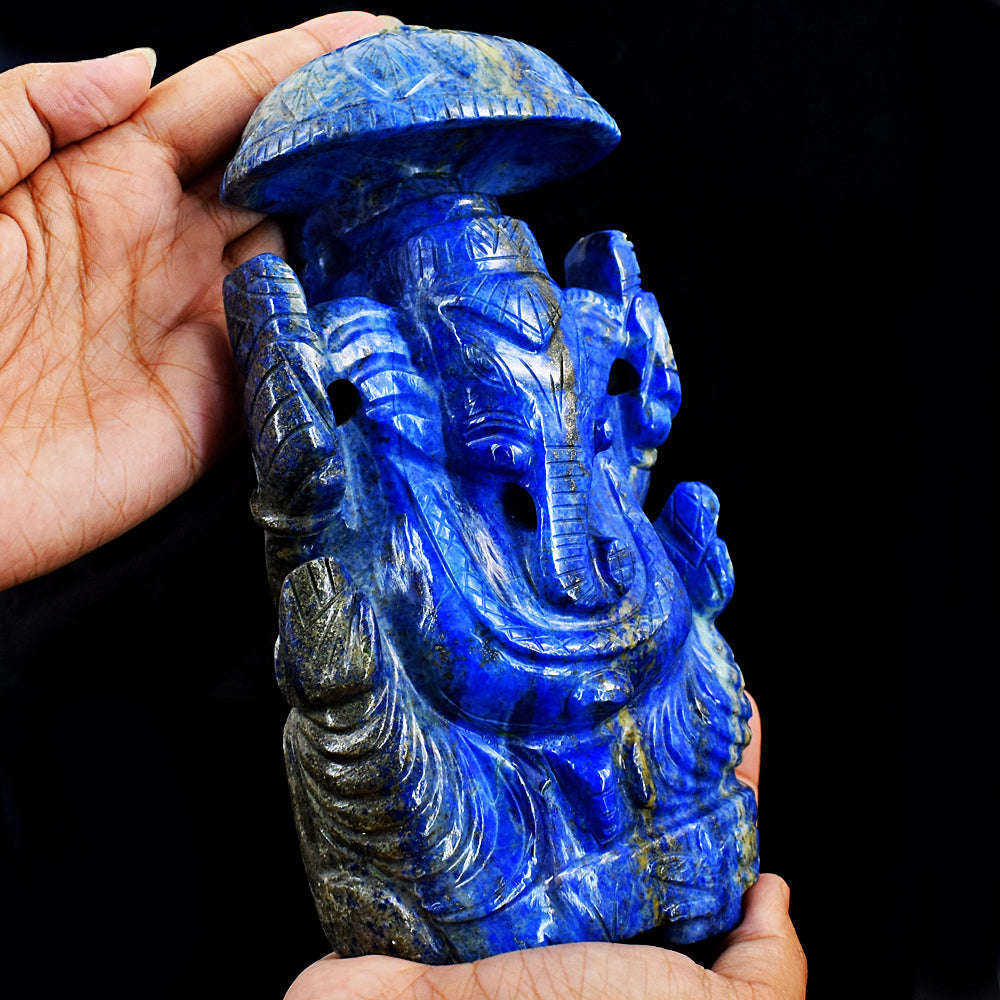 gemsmore:Artisian Hand Carved Blue Lapis Lazuli Ganesha With Throne