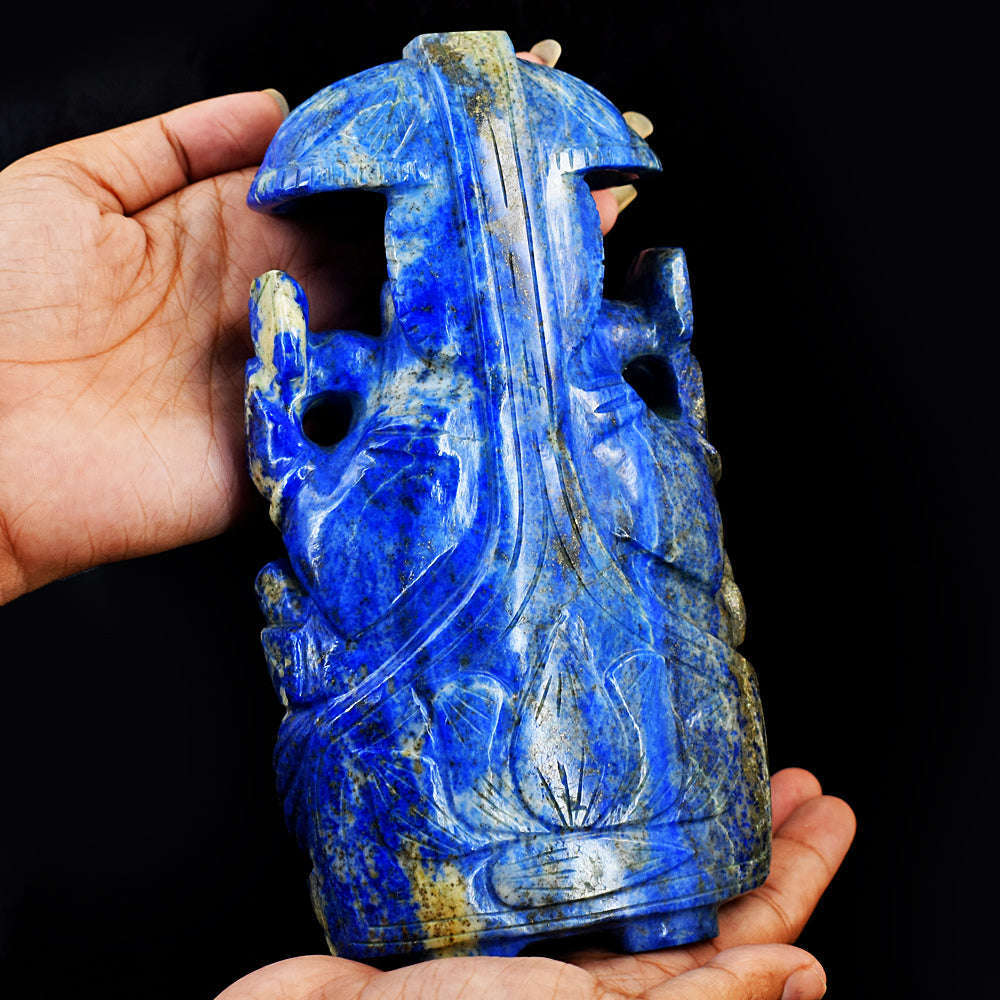 gemsmore:Artisian Hand Carved Blue Lapis Lazuli Ganesha With Throne