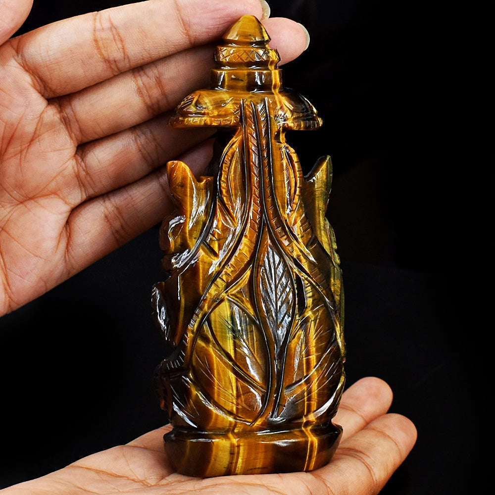 gemsmore:Artisian Hand Carved Golden Tiger Eye Ganesha With Throne