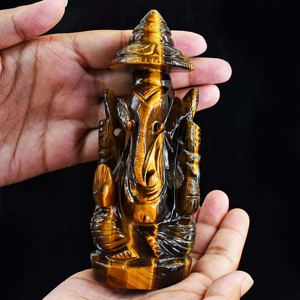 gemsmore:Artisian Hand Carved Golden Tiger Eye Ganesha With Throne