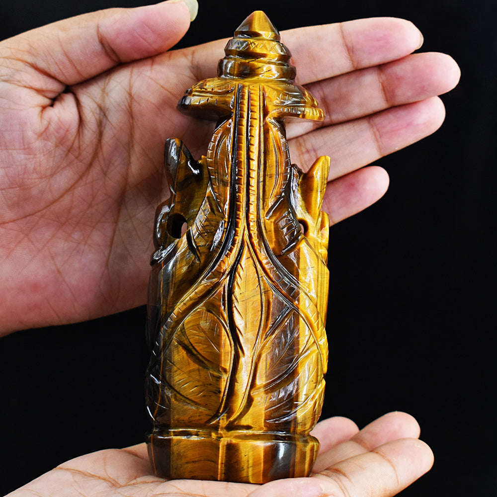 gemsmore:Artisian Hand Carved Golden Tiger Eye Ganesha With Throne