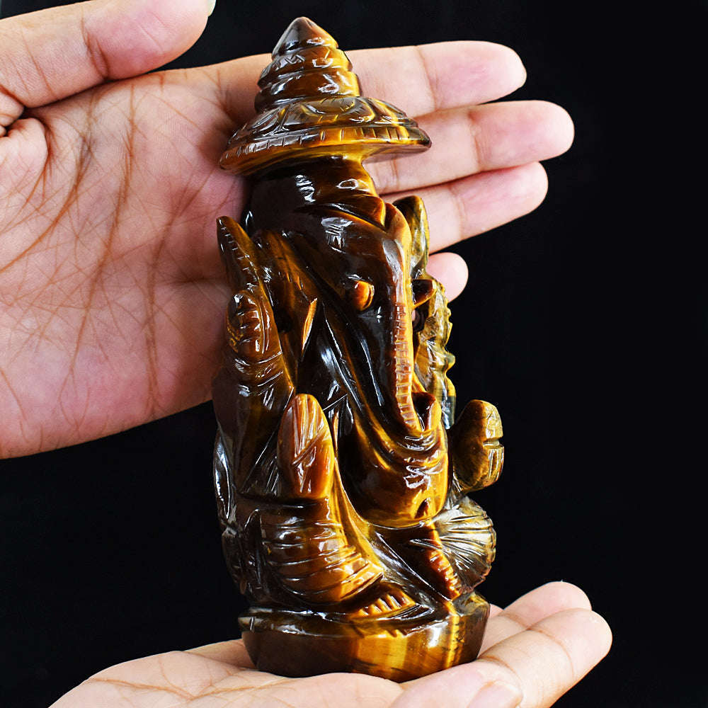 gemsmore:Artisian Hand Carved Golden Tiger Eye Ganesha With Throne