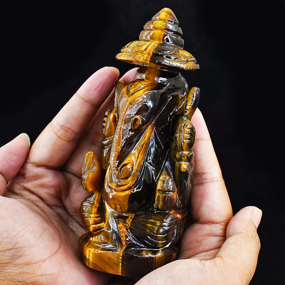 gemsmore:Artisian Hand Carved Golden Tiger Eye Ganesha With Throne