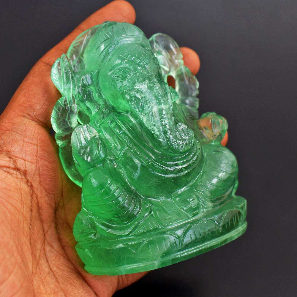 gemsmore:Artisian Hand Carved Green Fluorite Lord Ganesha