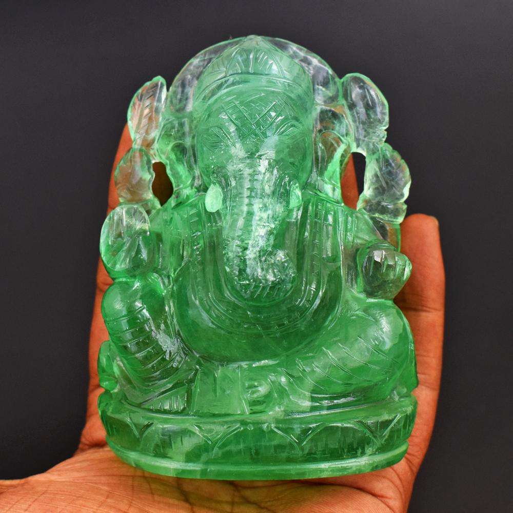 gemsmore:Artisian Hand Carved Green Fluorite Lord Ganesha