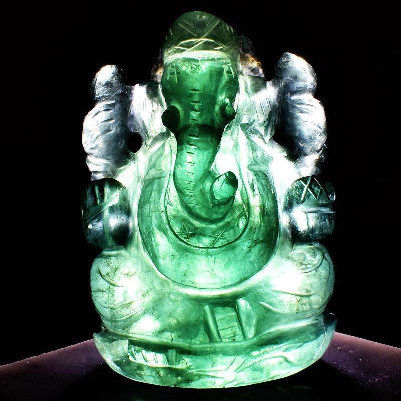 gemsmore:Artisian Hand Carved Green Fluorite Lord Ganesha Idol