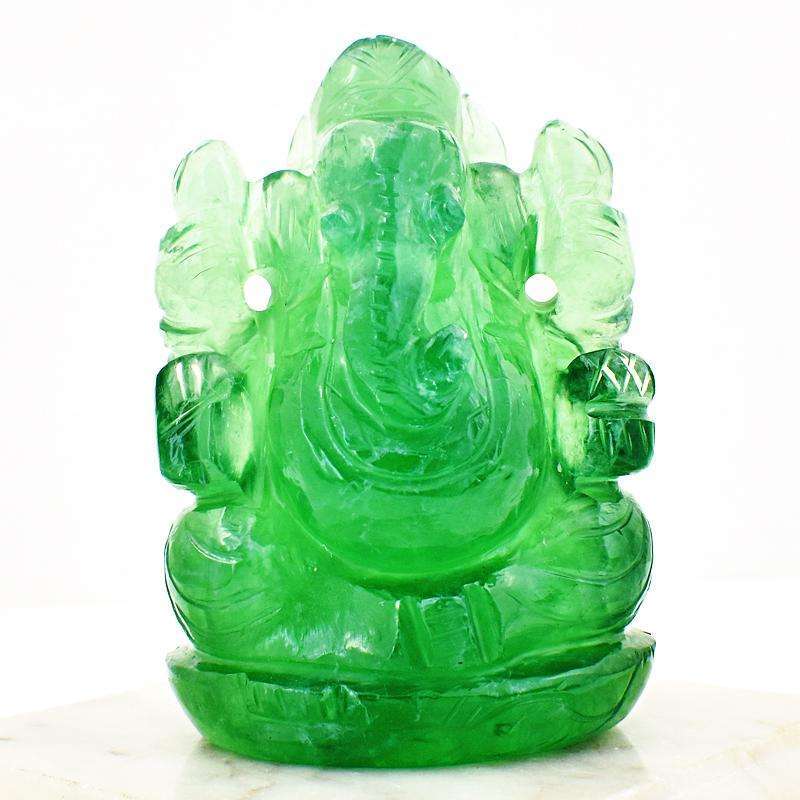 gemsmore:Artisian Hand Carved Green Fluorite Lord Ganesha Idol