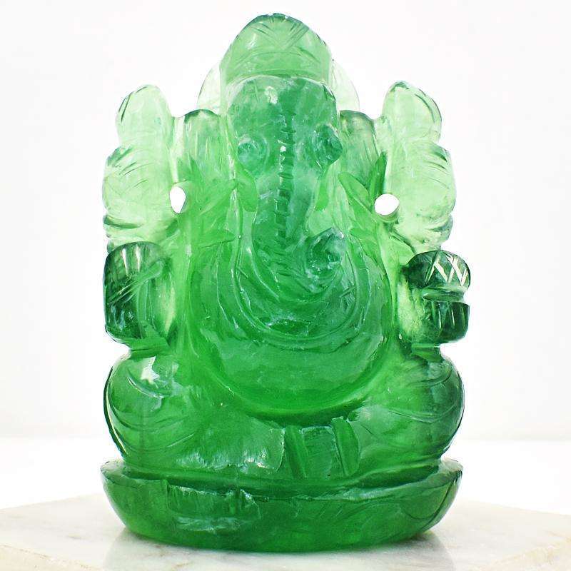 gemsmore:Artisian Hand Carved Green Fluorite Lord Ganesha Idol