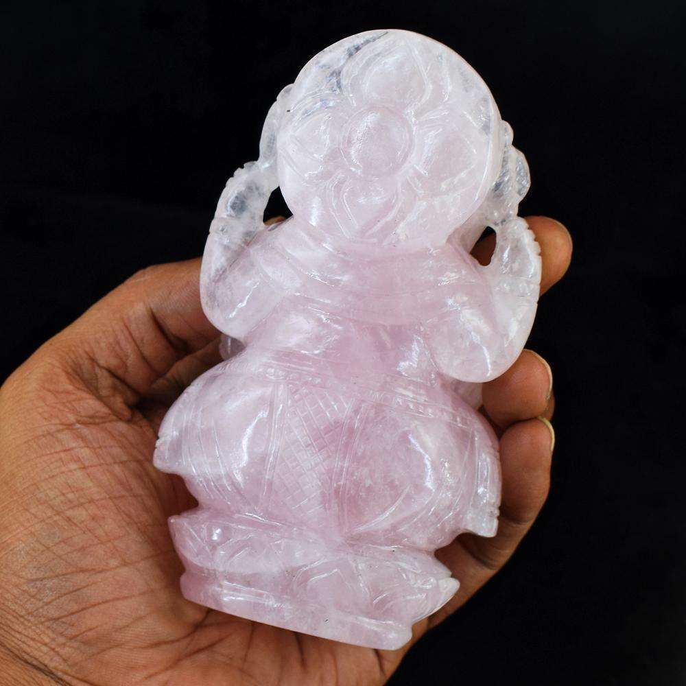 gemsmore:Artisian Hand Carved Pink Rose Quartz Lord Ganesha Idol
