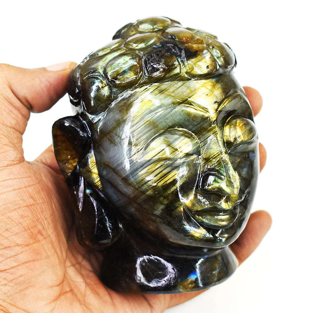gemsmore:Artisian Labradorite Hand Carved Genuine Crystal Gemstone Carving Buddha Head