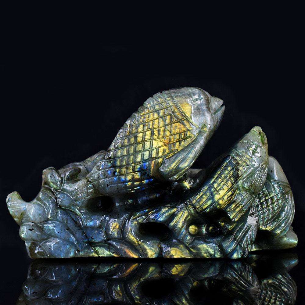 gemsmore:Artisian Labradorite Hand Carved Genuine Crystal Gemstone Carving Fish Family