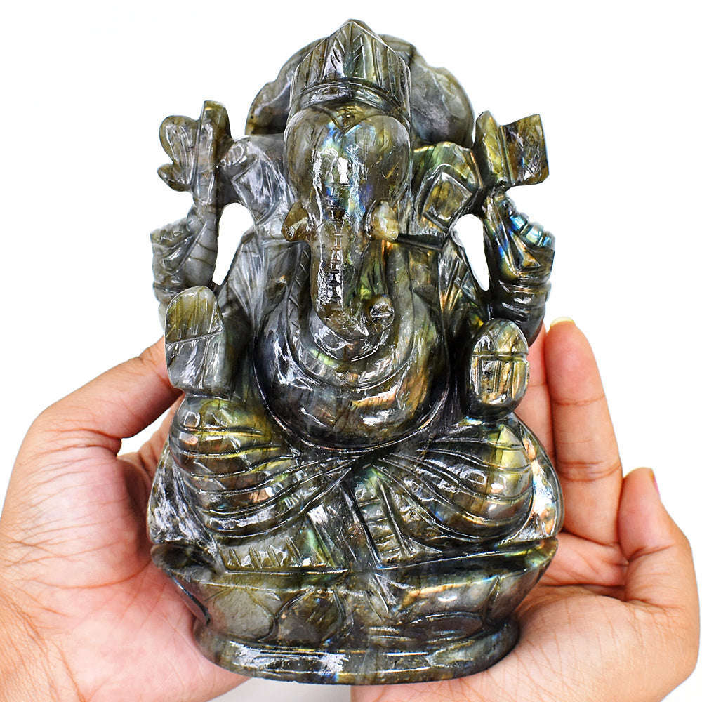 gemsmore:Artisian Labradorite  Hand Carved Genuine Crystal Gemstone Carving Huge Lord Ganesha