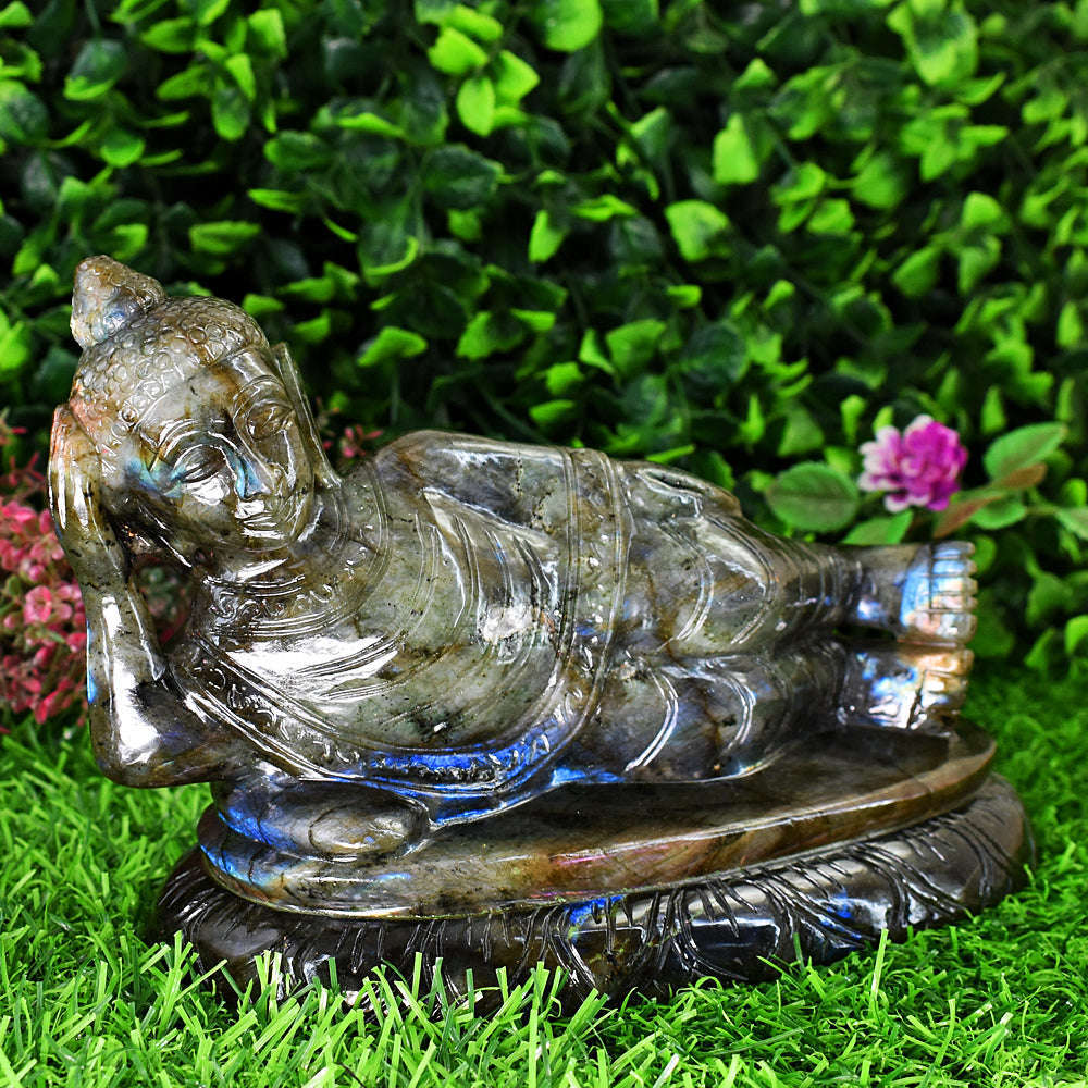 gemsmore:Artisian Labradorite Hand Carved Genuine Crystal Gemstone Carving Huge Sleeping Lord Buddha