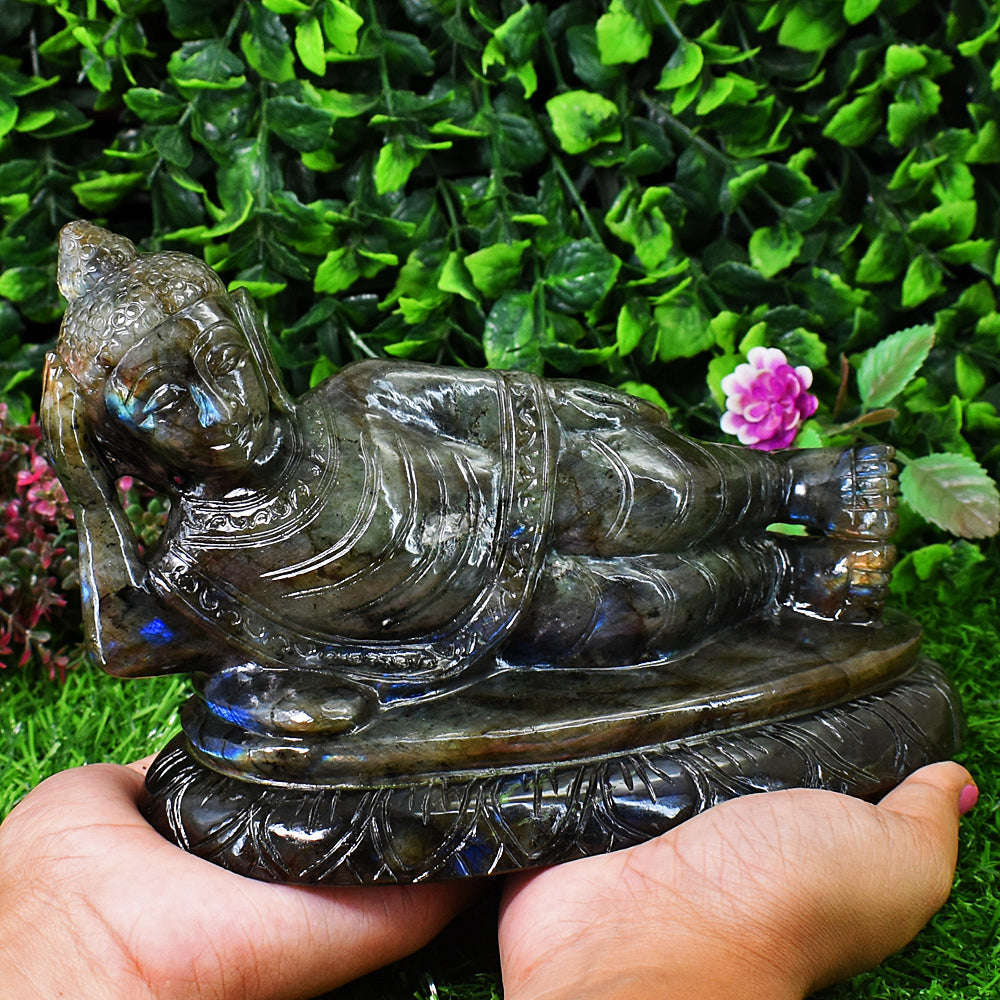 gemsmore:Artisian Labradorite Hand Carved Genuine Crystal Gemstone Carving Huge Sleeping Lord Buddha