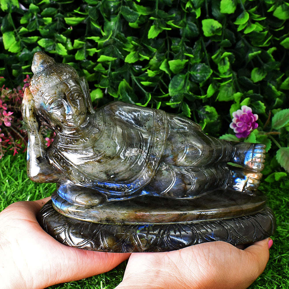 gemsmore:Artisian Labradorite Hand Carved Genuine Crystal Gemstone Carving Huge Sleeping Lord Buddha
