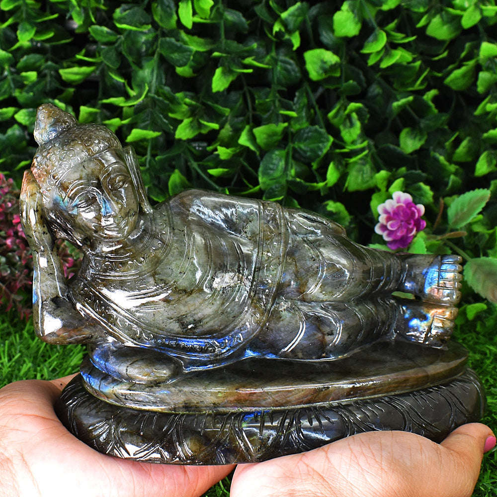 gemsmore:Artisian Labradorite Hand Carved Genuine Crystal Gemstone Carving Huge Sleeping Lord Buddha