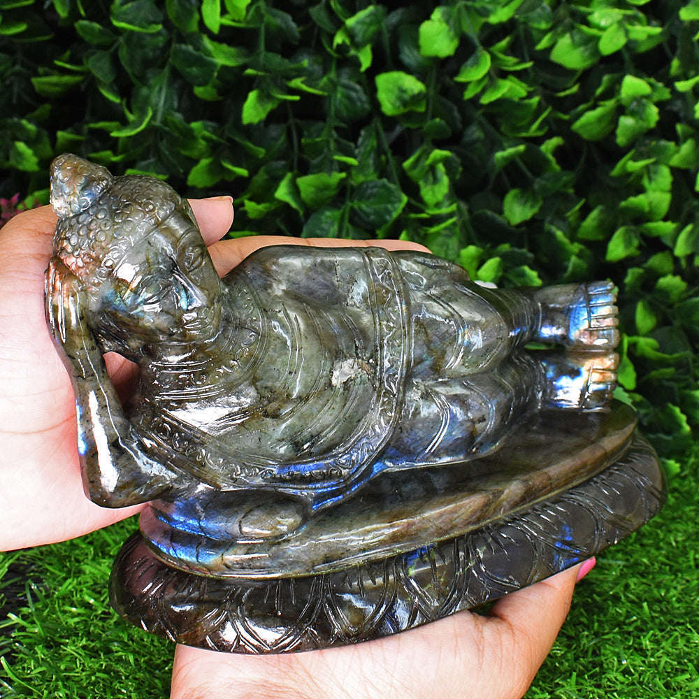 gemsmore:Artisian Labradorite Hand Carved Genuine Crystal Gemstone Carving Huge Sleeping Lord Buddha