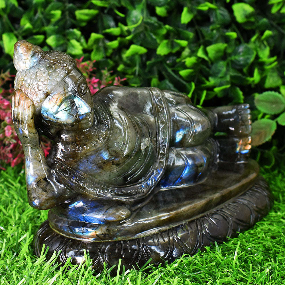 gemsmore:Artisian Labradorite Hand Carved Genuine Crystal Gemstone Carving Huge Sleeping Lord Buddha