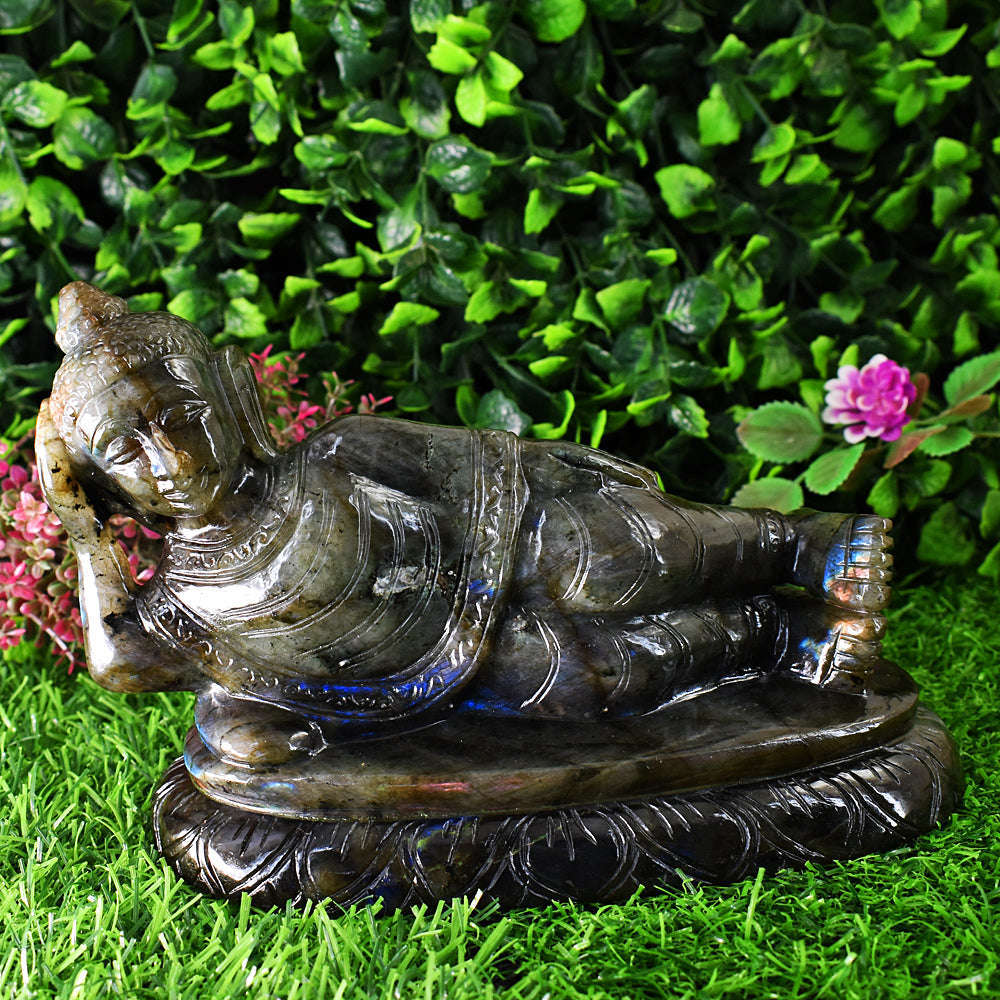 gemsmore:Artisian Labradorite Hand Carved Genuine Crystal Gemstone Carving Huge Sleeping Lord Buddha