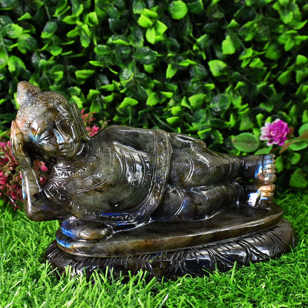 gemsmore:Artisian Labradorite Hand Carved Genuine Crystal Gemstone Carving Huge Sleeping Lord Buddha
