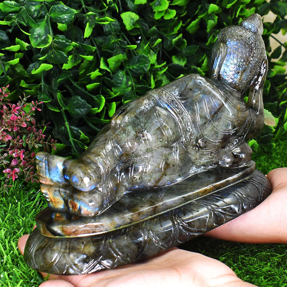 gemsmore:Artisian Labradorite Hand Carved Genuine Crystal Gemstone Carving Huge Sleeping Lord Buddha