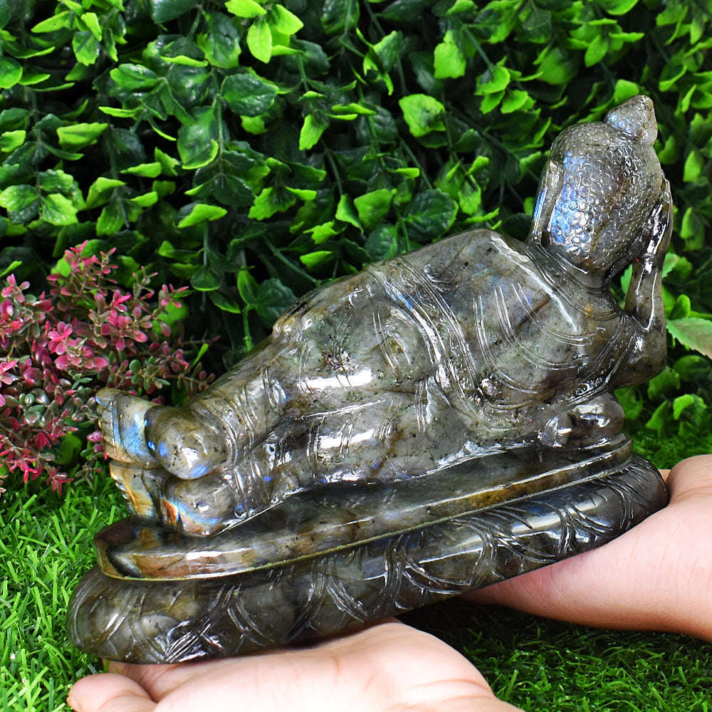 gemsmore:Artisian Labradorite Hand Carved Genuine Crystal Gemstone Carving Huge Sleeping Lord Buddha