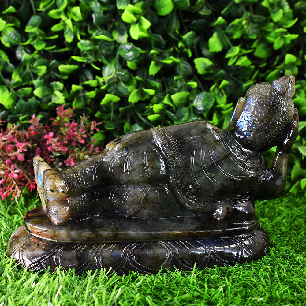 gemsmore:Artisian Labradorite Hand Carved Genuine Crystal Gemstone Carving Huge Sleeping Lord Buddha