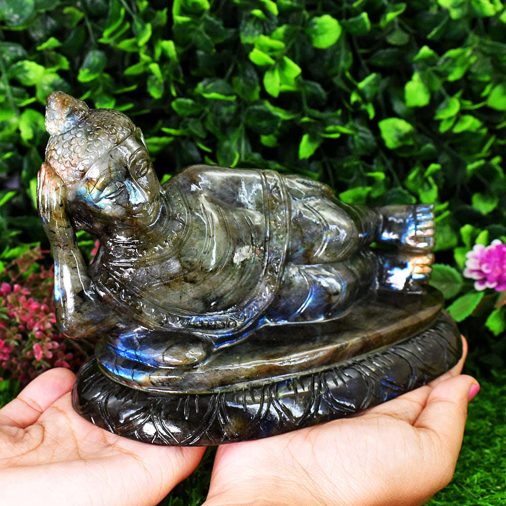 gemsmore:Artisian Labradorite Hand Carved Genuine Crystal Gemstone Carving Huge Sleeping Lord Buddha