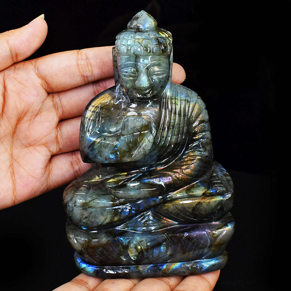 gemsmore:Artisian Labradorite Hand Carved Genuine Crystal Gemstone Carving Lord Buddha