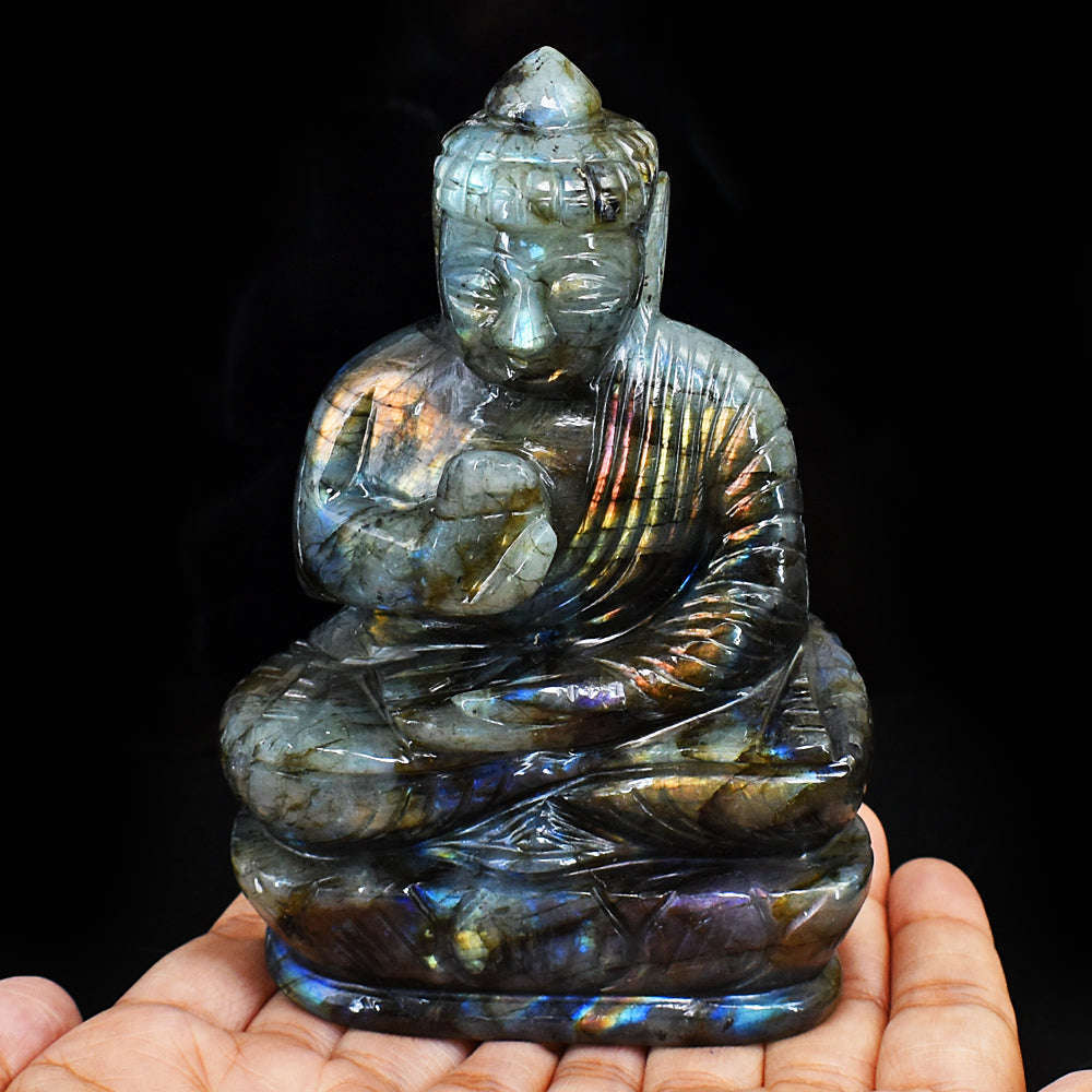 gemsmore:Artisian Labradorite Hand Carved Genuine Crystal Gemstone Carving Lord Buddha