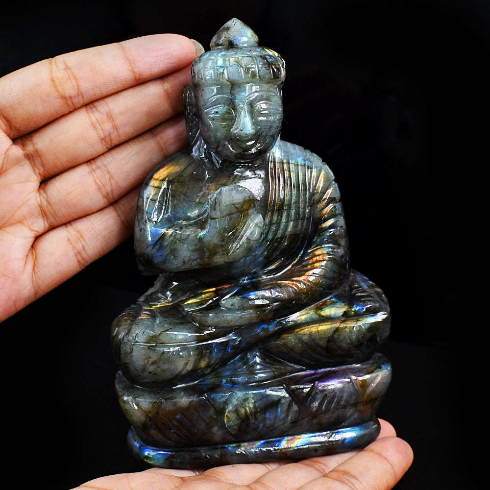 gemsmore:Artisian Labradorite Hand Carved Genuine Crystal Gemstone Carving Lord Buddha