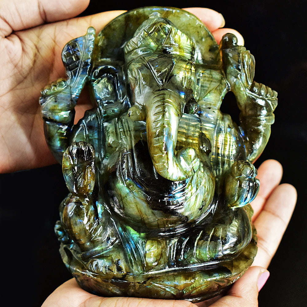 gemsmore:Artisian Labradorite Hand Carved Genuine Crystal Gemstone Carving Massive Lord Ganesha