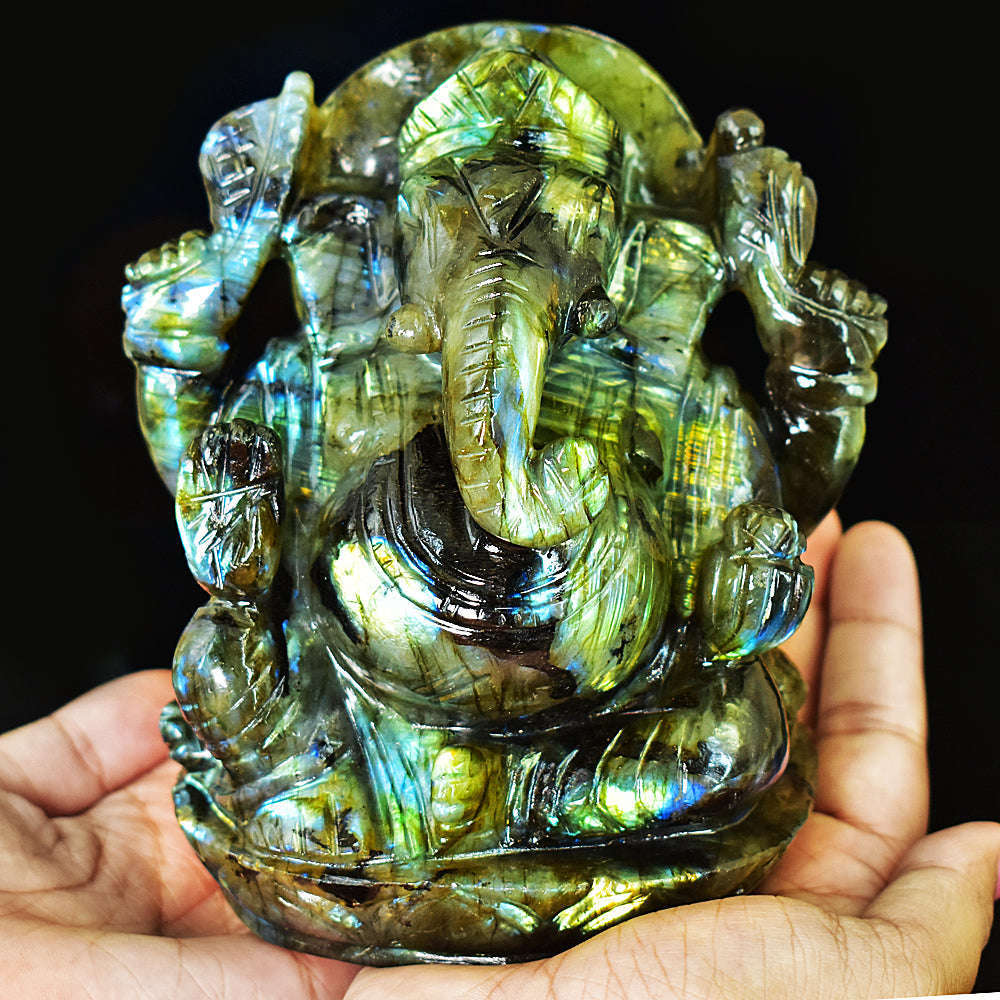 gemsmore:Artisian Labradorite Hand Carved Genuine Crystal Gemstone Carving Massive Lord Ganesha