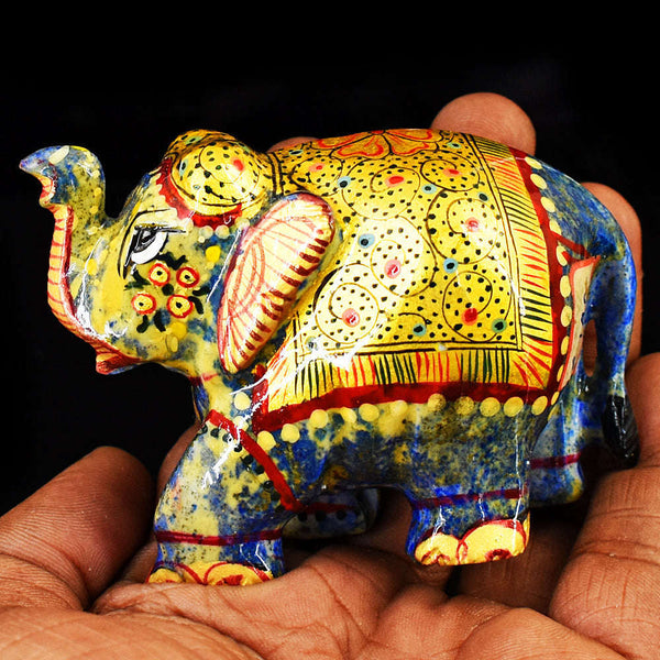 gemsmore:Artisian Lapis Lazuli Enamel Printed Hand Carved Genuine Crystal Gemstone Carving Elephant