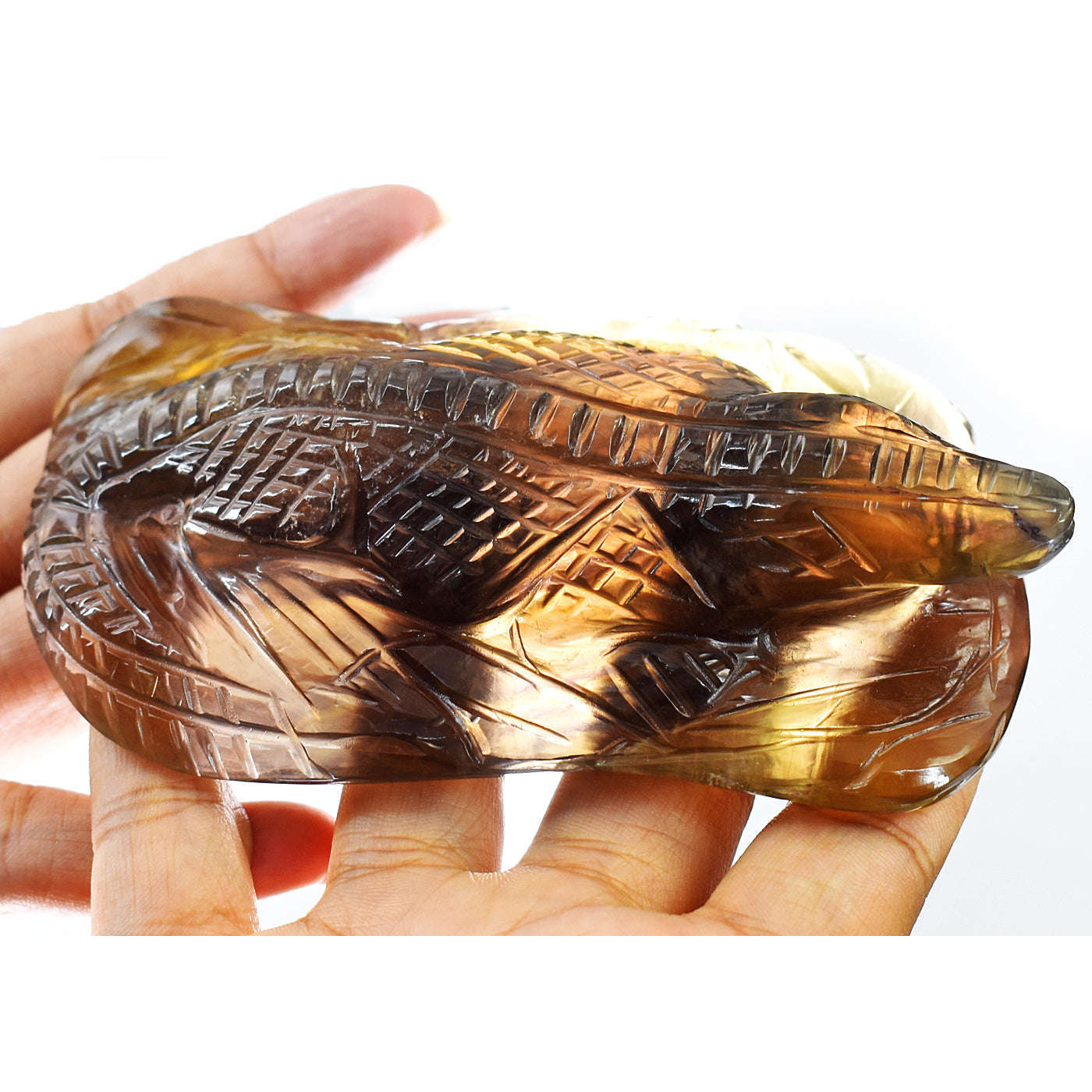 gemsmore:Artisian Multicolor Fluorite Hand Carved Genuine Crystal Gemstone Carving Crocodile