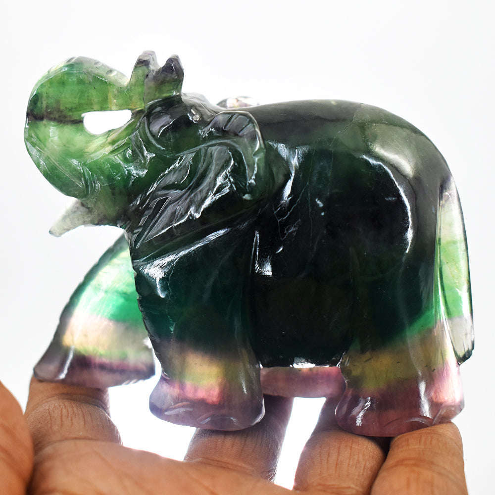 gemsmore:Artisian Multicolor Fluorite Hand Carved Genuine Crystal Gemstone Carving Elephant