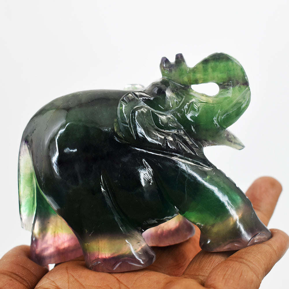 gemsmore:Artisian Multicolor Fluorite Hand Carved Genuine Crystal Gemstone Carving Elephant