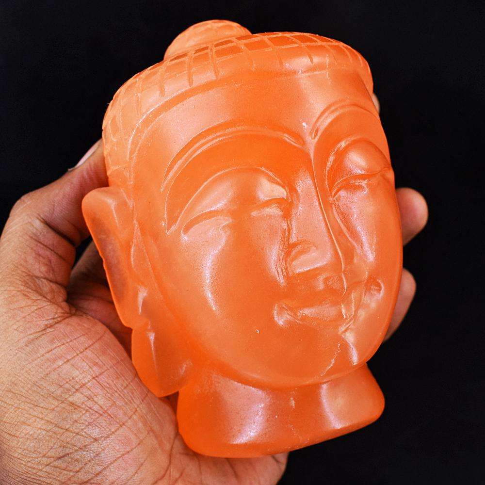 gemsmore:Artisian Orange Selenite Hand Carved Buddha Head