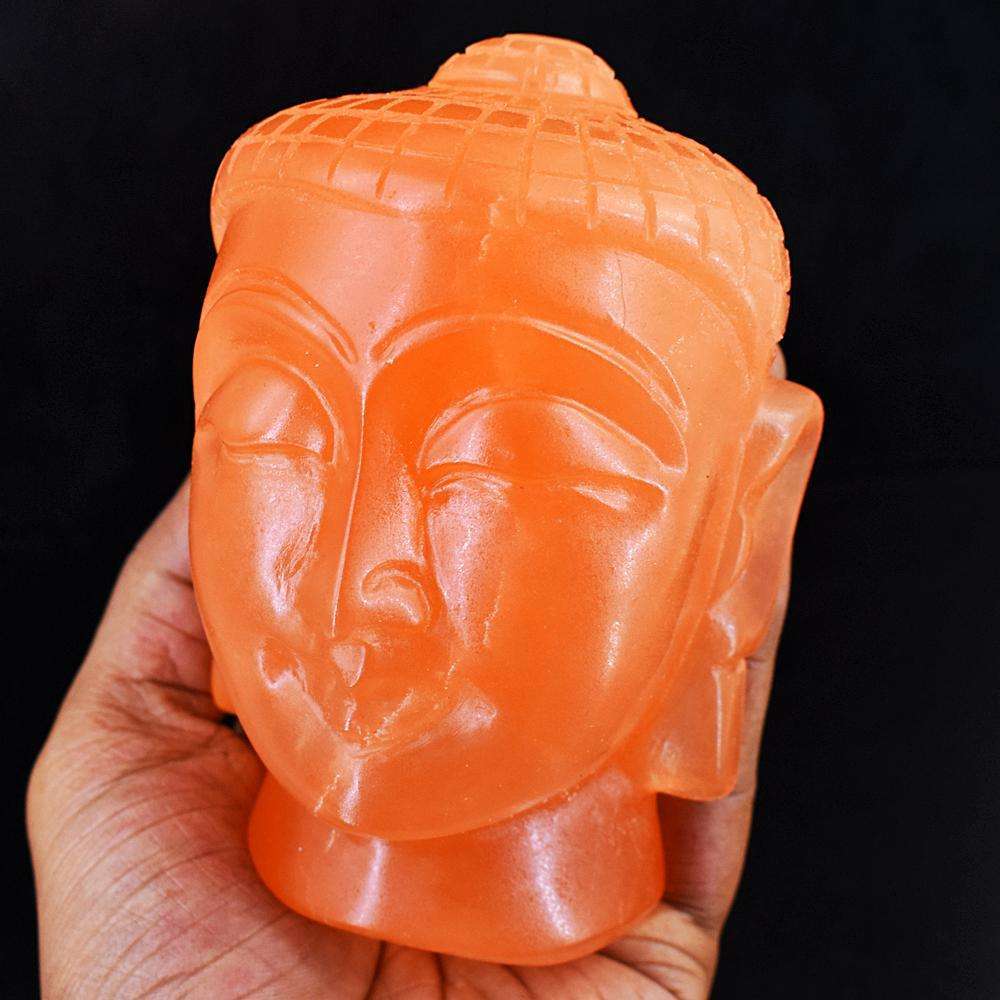 gemsmore:Artisian Orange Selenite Hand Carved Buddha Head