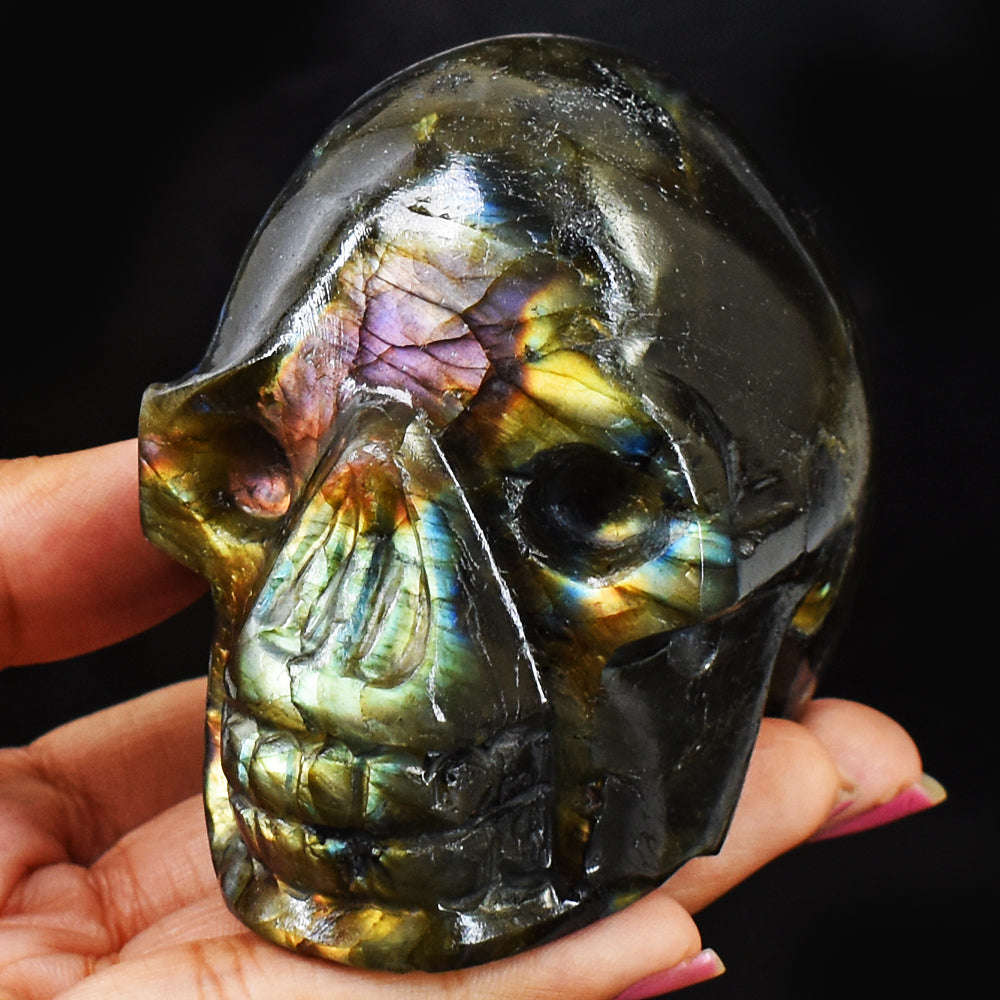 gemsmore:Artisian Pink Flash Labradorite Hand Carved Genuine Crystal Gemstone Carving Skull