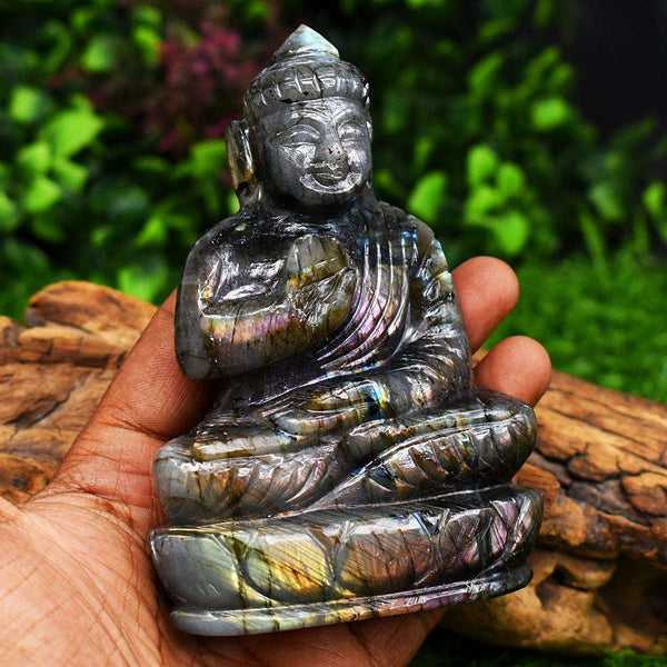 gemsmore:Artisian Pink Flash Labradorite Hand Carved Lord Buddha