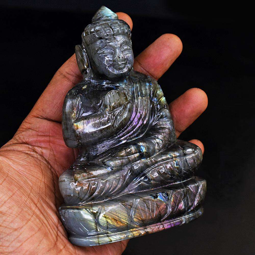 gemsmore:Artisian Pink Flash Labradorite Hand Carved Lord Buddha