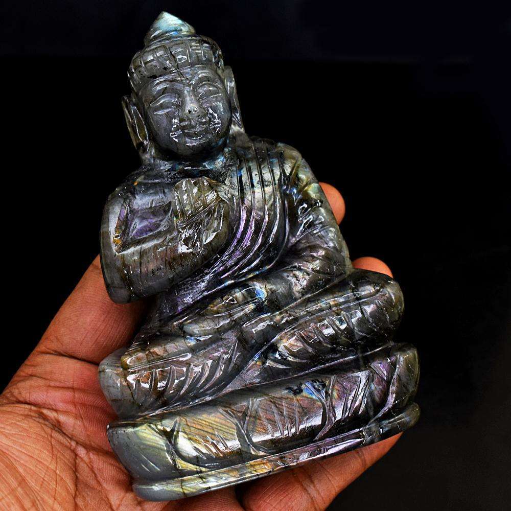 gemsmore:Artisian Pink Flash Labradorite Hand Carved Lord Buddha