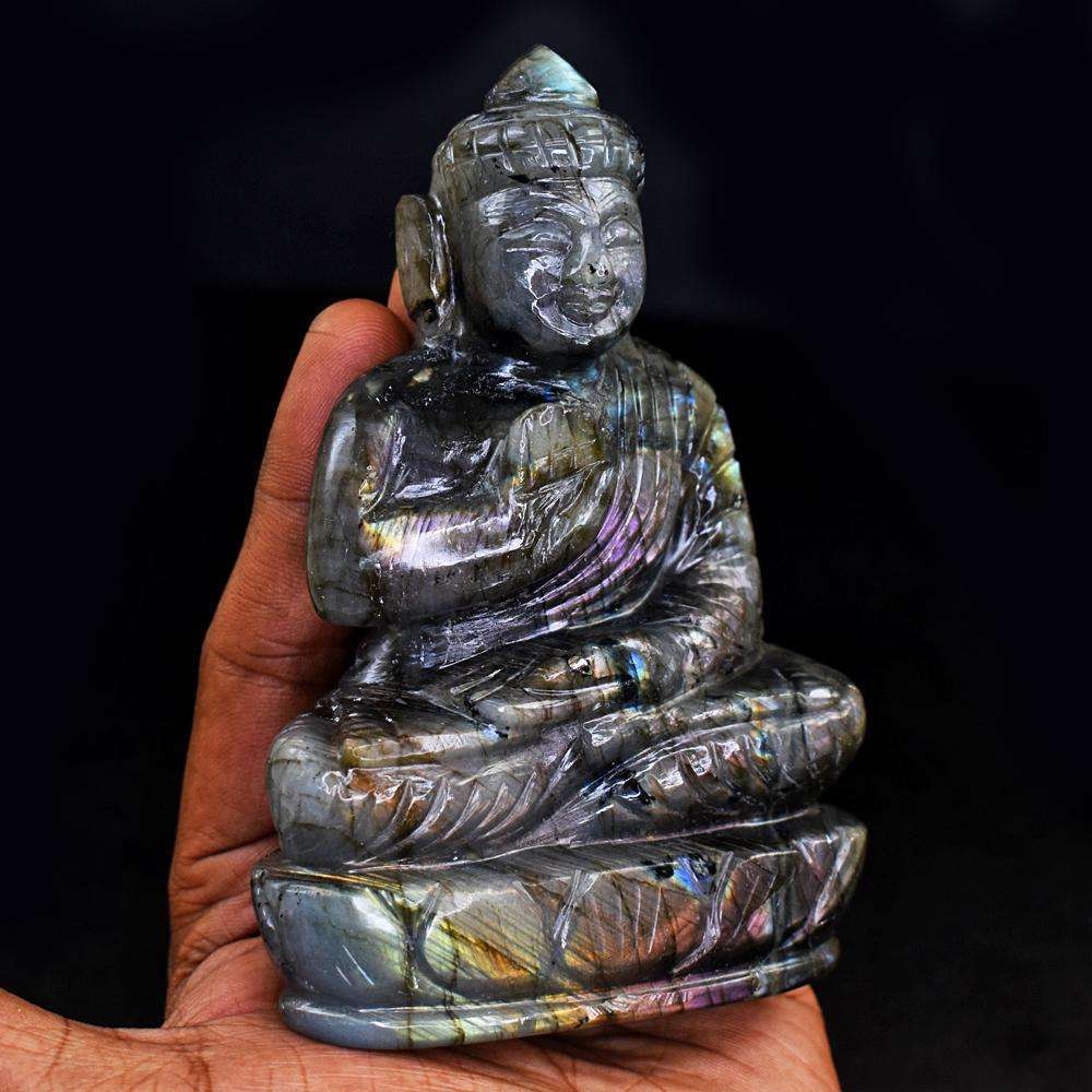 gemsmore:Artisian Pink Flash Labradorite Hand Carved Lord Buddha